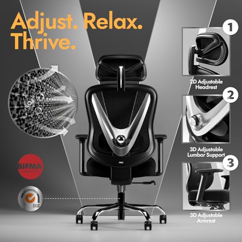 HOLLUDLE Ergonomic Office Chair with 3D Lumbar Support and Adjustable 3D Armrests - V Shape Design, Comfortable Desk Chair for Office and Home, Black