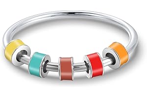 LOVECOM 925 Sterling Silver Fidget Ring Anti Anxiety Ring With Colorful Enamel Beads Stress Relief Spinner Ring For Women Men Releases Anxiety Spinning Rotate Stacking Ring Jewelry Gifts Size 5-10