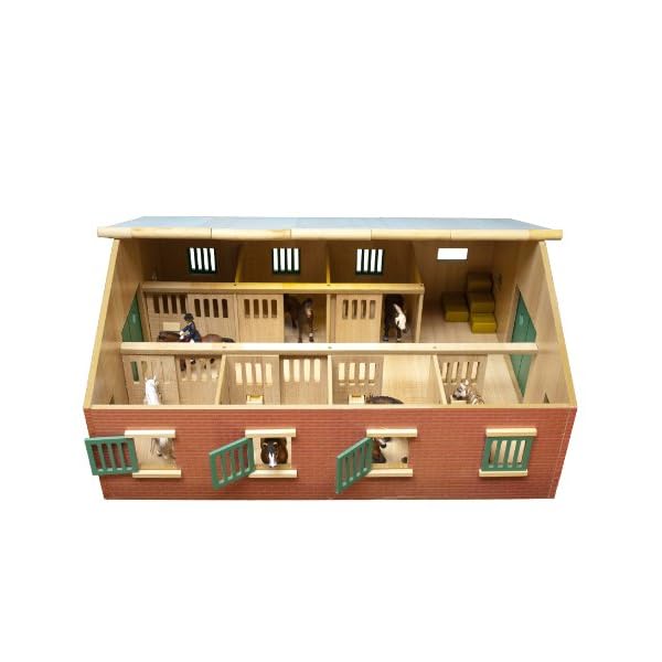 Kids Globe Farming Reiterhof Bauernhof Pferdestall Holz 1:24 mit 7 Boxen, Spielzeug Pferdehof, mit praktischem Faltdach, für alle gängigen Tierfiguren 610595