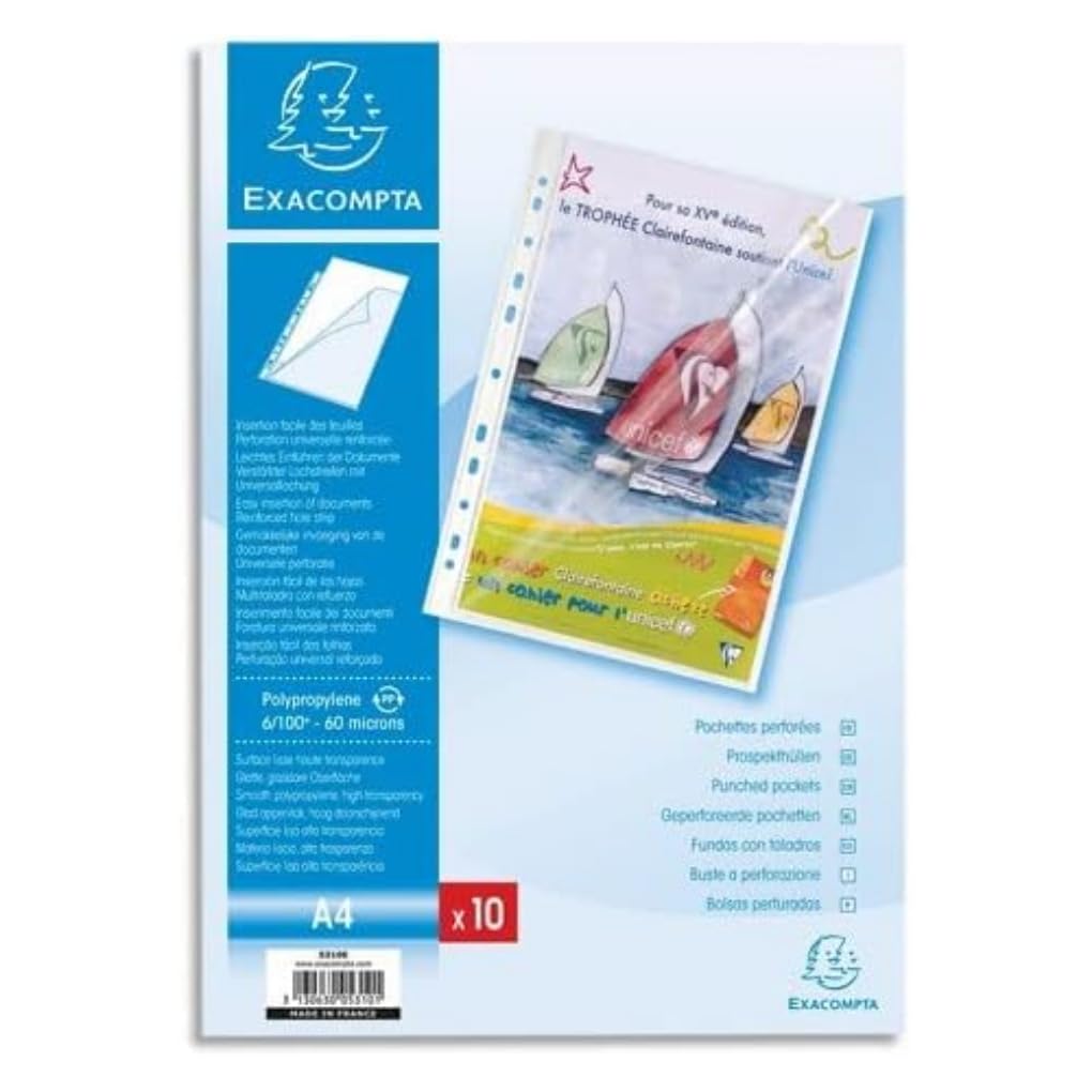 Exacompta - Ref 5310E - Stop Doc Corner Opening Punched Pockets (Pack of 10) - Suitable for Storing A4 Documents, Made From 60 Micron Clear Polypropylene - Side Opening