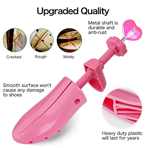 Shoe Stretcher Women, Pair of 4-way Adjustable Shoe Widener Expander to Stretch Length Width Height for Wide Feet, Tough Plastic Shoe Tree Shaper with Bonus 12 Bunion Plugs and 1 Hook, Medium