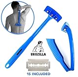 BROZILLA - Premium Back Hair and Body Hair Shaver (Blue) with BONUS 15 Razors included, Uses Replaceable Double Edge Razor Blades, Brass Thumb Screw Access, Foldable and Water Resistant, Cheap Refills