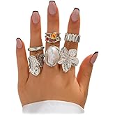 IQPDYV Chunky Gold Rings for Women Non Tarnish Stackable Baroque Pearl Flower Knuckle Rings Set Aesthetic Silver 6Pcs Trendy Dainty Open Midi Ring Set Jewelry Gifts