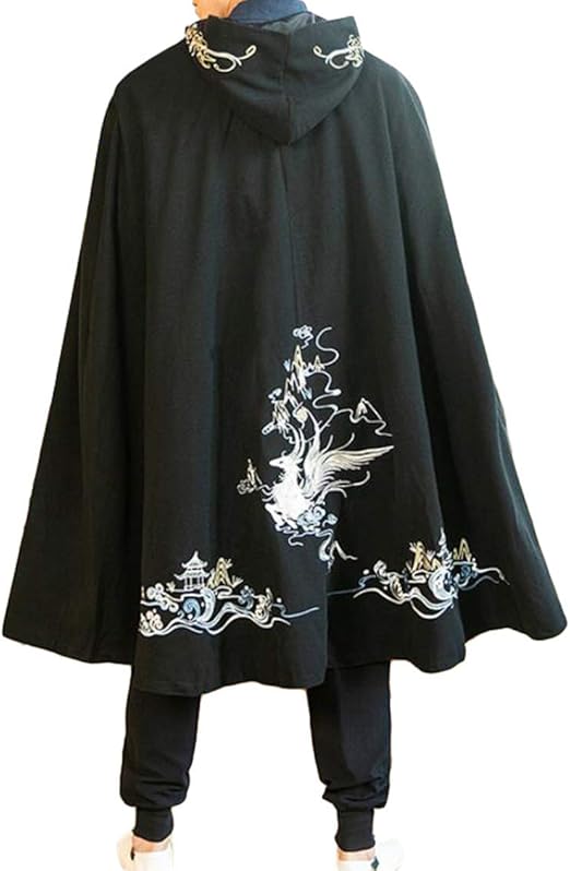 Amazon Co Jp Zhongjue ジュージェン ポンチョ メンズ ケープ マント ロングコート フード付き メルトン 防寒 コート ロング丈 刺繍 中国風 おしゃれ 漢服 カジュアル 唐装 コスプレ 演出服 秋 冬 Freesize黒 服 ファッション小物