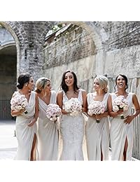 MARSEN Vestidos de dama de honor con abertura larga y cuello en V de gasa plisada para la playa, vestido de fiesta de boda 2019