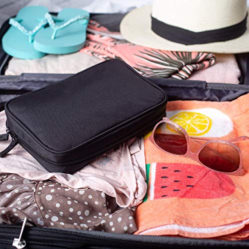Pink Larus Travel Jewelry Organizer. Tangle-Free Necklace with Roll Out Mat, Earring Card for Studs, Drop and Hoops, and Ring Organizer. Black Compact Case Fits Perfectly in a Carry On!