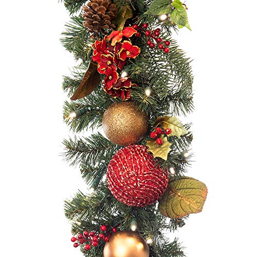 [9 Foot Artificial Christmas Garland] - Scarlet Hydrangea Collection - Red and Gold Decoration - Pre Lit with 100 Warm Clear Colored LED Mini Lights - Includes Remote Control Battery Pack with Timer - Thumbnail 6