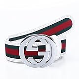 Uneedk Men's 38-mm GG Buckle Italy Leather Belt Green/Red/Green (105cm/41.3inch, White Silver) ¡­