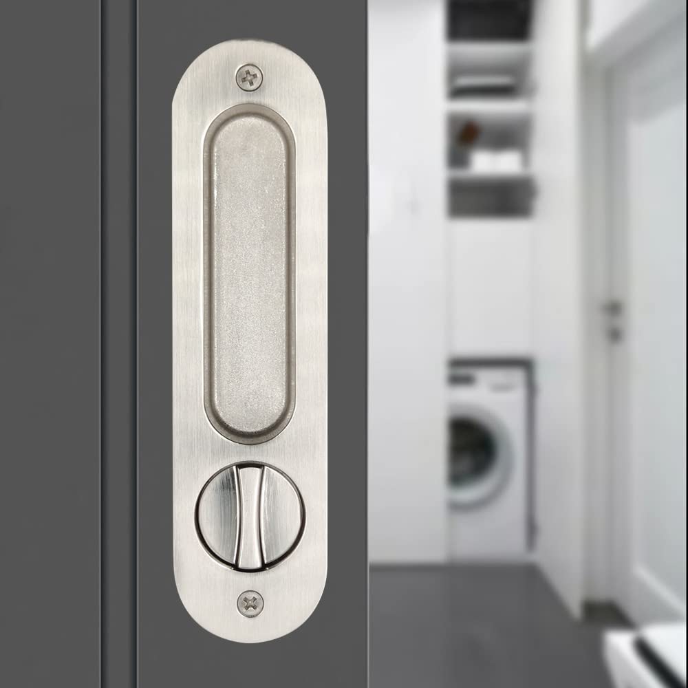HOCONNIE Pocket Door Handle with Key Sliding Door Lock Keyed Pocket Door Lock Invisible Recessed Door Handle 173mm Silver