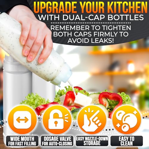 Set of 6 Inverted Condiment Squeeze Bottles 16 oz – Upgraded Design with Added Sealing Gaskets, Self-Closing Valve, Easy-to-Fill Clear Bottles for Sauces, Dressings, Ketchup, Mustard for Everyday Use