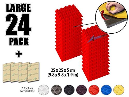 Arrowzoom New 24 Pack of 9.8" X 9.8" X 1.9" Inches Soundproofing Insulation Pyramid Self Adhesive Acoustic Foam Wall Padding Studio Foam Tiles AZ1053 (RED)