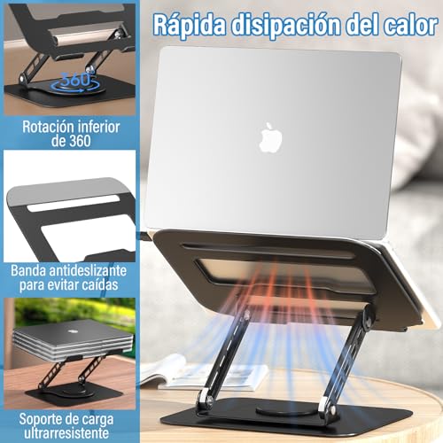 KIROGILY Soporte para Laptop Acero Carbono, Base para Laptop Plegable Estable Antideslizante y Portátil, Enfriadora para Laptop Stand con Base Giratoria de 360° y Altura Ajustable, PC/Tabletas