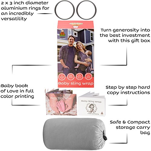 Baby Wrap Carrier Ring Sling | Soft Infant Newborn Wraps Holder Set | Breathable Organic Preemie Cotton Breastfeeding Cover with 2 Aluminum Slings Rings & Instructions | Ideal Gift for Nursing Moms