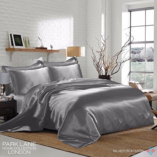 6PCS SATIN SILK ✔ COMPLETE BEDDING SET ✔ DUVET COVER FITTED SHEET 4 PILLOW CASES (Silver, King)