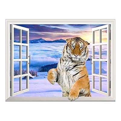 Removable Wall Sticker/Wall Mural - A Standing Tiger with a Paw on The Windowsill | Creative Window View Wall Decor - 36