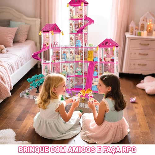 Casa de Boneca, 128cm*70cm*50cm, Casinha de Boneca, Castelo Da Princesa 364 Peças, 6º Andar, 19 Quartos, 2 Varandas com Pasto