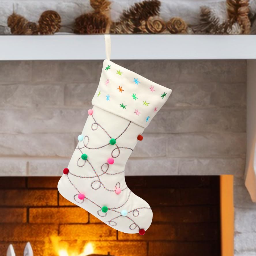 Hopearl Pom Pom Christmas Stocking Boho Style Socks Ultra Soft Stockings Ornament Luxury Gift Bags for Family Xmas Tree Party Supplies, Cream, 18''