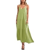 Febriajuce Women’s Summer Maxi Dress Casaul Spaghetti Straps Solid V-Neck Backless Cami Dresses with Two Pockets