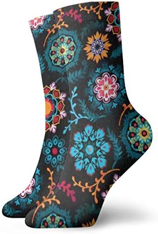 Suzani Inspired Flowers On Black Fashionable Colorful Funky Patterned Cotton Dress Socks 11.8 inch