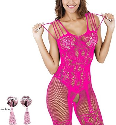 SEXASHION Women Halter Lingerie Sleepwear Nightwear Sling Elastic Tights Siamese Lace Bodysuit With Sexy Floral and Fishnet For Lovers (Rose Red)