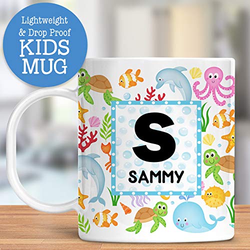 Personalized Ocean Animals Mug for Kids with Name and Initial – Custom Sea Life Toddler Cup with Turtles, Dolphins, and Fish – BPA-Free, Unbreakable, Dishwasher Safe Gift