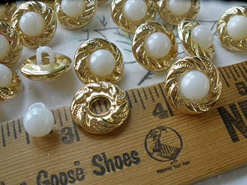 Faux Pearl & Gold Gilt Shank Buttons 5/8" 24L 15MM Plastic 18 Pieces Retro Wedding Dress Plastic Jacket Buttons Paper tag Supply Cute Bling mKET-411