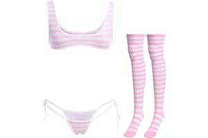 ABAFIP Women Cute Kawaii Anime Lingerie set Halter Strap Micro Bra Tiny Panty Garter Belt Striped Stockings 4Pcs Underwear