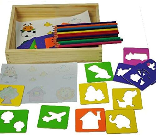 Wtong Wooden Drawing Stencil Art Craft Wood Set for Kids with 12 Colored Crayon Pencils Creativity Kit Activity Educational for Girl Boy