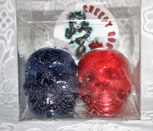 GET 2 JELLY SKULL SHAPED SOAP BARS 1 IN RED & 1 IN BLUE 2 DIFFERENT SCENTS THEY HOLD SHAPE AND LAST A VERY LONG TIME KIDS LOVE IT
