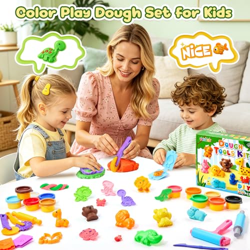 BYHANO 39 Pieces Playdough Set, Tools Plasticine for Children with 12 Colours of Dough, Plasticine Molds with 3D Dinosaurs and Animals, Gift from 3 Years