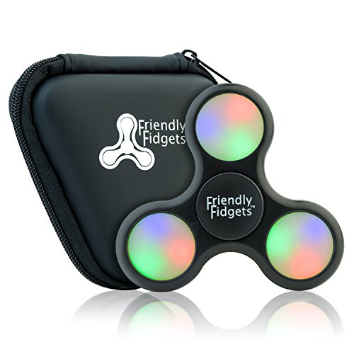 Friendly Fidgets LED Fidget Spinner Prime With On Off Switch And Carrying Case (NEW VERSION) Stress Reducing EDC Tri Spinning Hand Fidget Toys With Lights for Kids & Adults (LED Spinner, Black)
