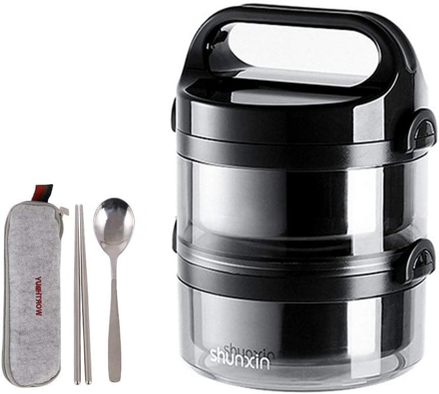Stackable Bento Box Stainless Steel Lunch Boxes Insulated Detachtable Food Container with Handle Leakproof Lunch Containers for Adults(Black-2 Tiers)