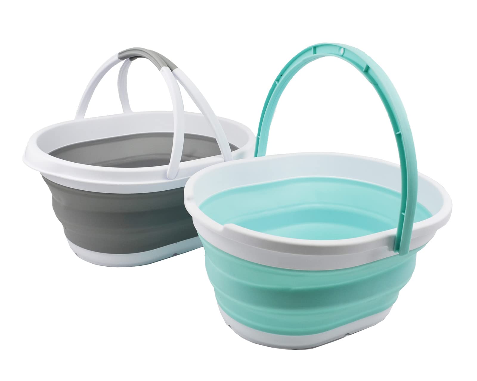 SAMMART 11L Collapsible Basket with Handle - Portable Outdoor Picnic Basket/Crater - Foldable Shopping Bag - Space Saving Storage Container (Lake Green + Grey, Set of 2)