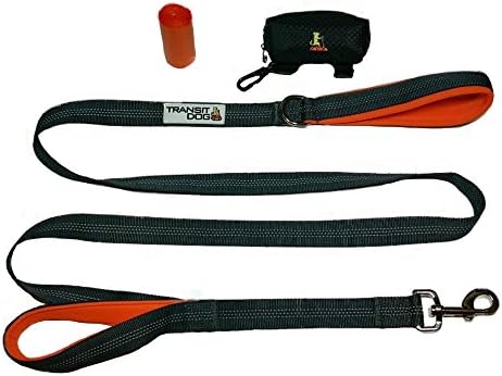 Transit Dog Double Handled Lease-Padded for Comfortable Grip. 6ft Lead for Med-Large Dogs, Traffic Handle for Safety & Training, Reflective Stitching Bonus Poop Bag Holder