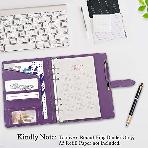 Toplive Leather A5 Binder,6 Round Ring Binder Planner Notebook Cover
