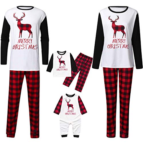 Elk Family Matching Christmas Pajamas Set,Crytech Fawn Deer Plaid Print Infant Baby Romper Women Men Parent Children Top and Lounge Pant for Xmas Sleepwear Pj Outfit Clothes (3-6 Months, Newborn)