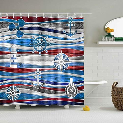 BBSET Anchor Lighthouse Nautical Theme Fabric Shower Curtain Sets