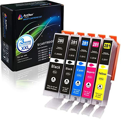 Arthur Imaging Compatible Canon Ink cartridges 280 and 281 Replacement PGI-280XXL CLI-281XXL PGI 280 XXL CLI 281 XXL PIXMA TR7520 TR8520 TS6120 TS6220 TS8220 TS9120 TS9520 TS9521C Printer (5 Pack)