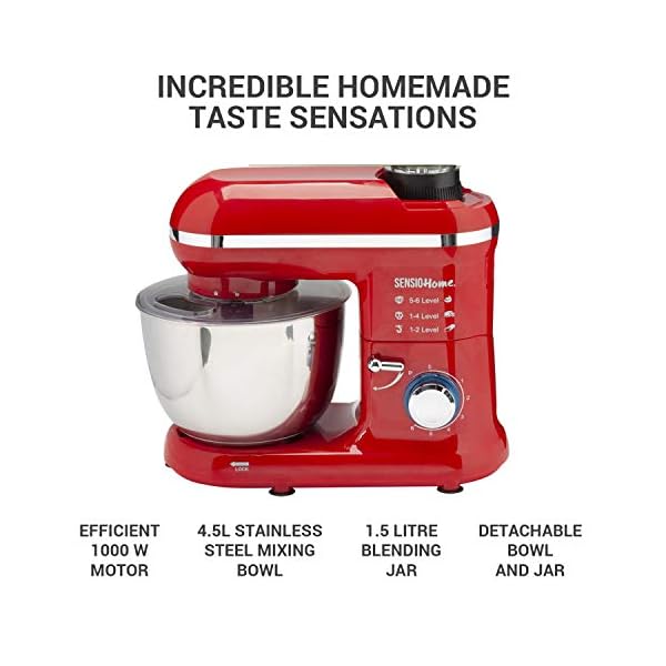 Sensio-Home-2-in-1-Food-Processor-Blender-Stand-Mixer-Machine-1300W-Electric-Motor-Dough-Hook-Whisk-Beater-Splash-Guard-6-Speed-45-Litre-Stainless-Steel-Mixing-Bowl-15L-Glass-Jug-Red Sensio Home 2-in-1 Food Processor Blender & Stand Mixer Machine - 1300W Electric Motor - Dough Hook, Whisk, Beater…