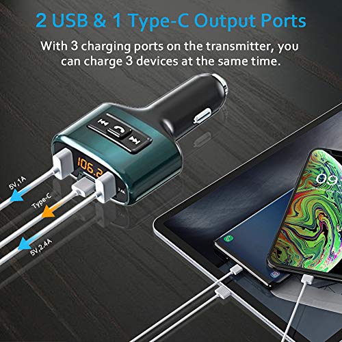 Bluetooth FM Transmitter, Comsoon Wireless Radio Adapter Receiver Car Kit with 18W USB Type-C Car Charger Port & 5V/2.4A Dual USB Ports, Support USB Flash Drive, Hands-Free Calling - Thumbnail 3