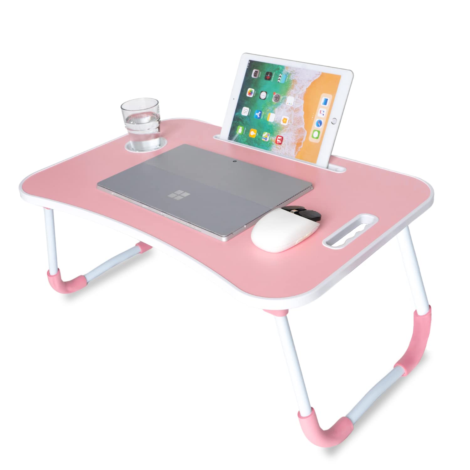 unycos - Folding Computer Table, Bed Tray, Portable Bed, Stand for Reading in Bed, Small Computer Table, Breakfast Tray, Reading Stand for Bed ((Pink (without Drawer)))