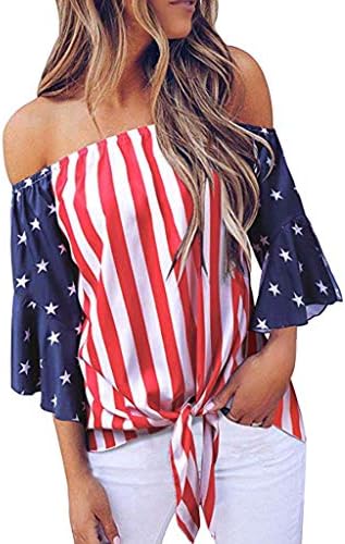 Fiaya 4th of July Women Sweatshirt Blouse American Flag Patriotic Button Off Shoulder Mesh Sleeve T-Shirt Tank Tops (M, Red Polyester)