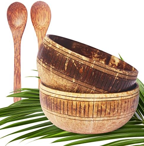 VIBE Natural Hand Carved Coconut Bowls (Set of 2) With 2 Wooden Spoons - Made with LOVE by Artisans I Great Vegan Gift I Perfect for Buddha Smoothie Bowls I Fair Trade (Isla)
