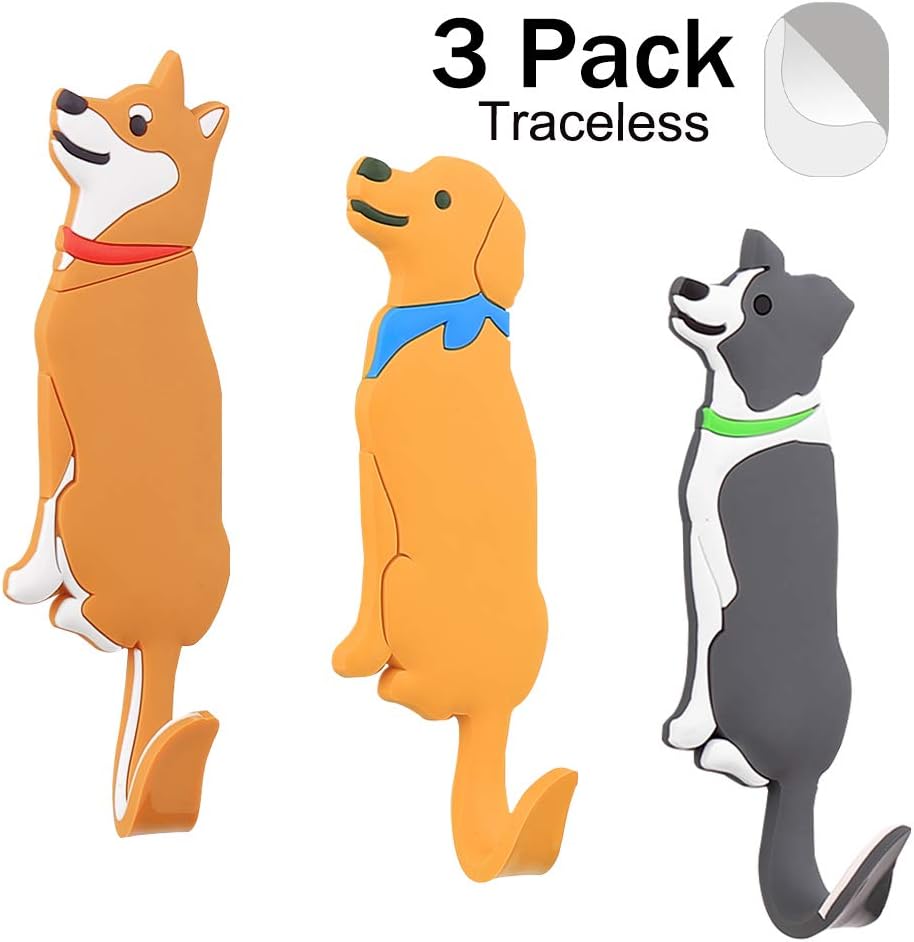 Ulinek Adhesive Wall Hooks Animal 3 Pack, Reusable Decorative Dog Hooks Hanger For Kids Sticker Hook Room Bathroom Office Kitchen Refrigerator Decor