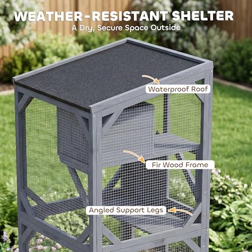 PawHut Catio Outdoor Cat Enclosure, Wooden Cat House on Exercise Wheels Indoor Outdoor, Kitty Cage with Resting Box, Waterproof Roof, for 2 Cats, 25.6" x 25.6" x 63", Dark Grey