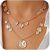SAVNOJW Vintage Layered Gold Hammered Coin Pendant Choker Necklace for Woman Trendy, Charm Silver Round Coin Chain Necklaces Costume Accessories Jewelry Gifts