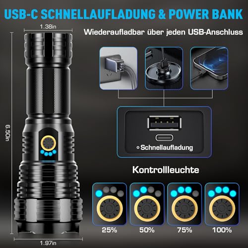 Glarylight XHP70.2 LED Rechargeable Torch 600,000 Lumens Extremely Bright XHP70.2 Torches Battery USB Strong Torch IPX7 Waterproof Zoomable Flashlight for Outdoor Emergencies