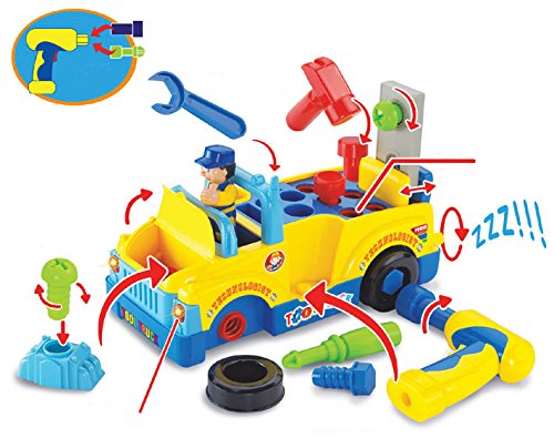 Multifunctional Toy Tool Truck With Electric Drill and Various Tools, Lights and Music, Bump and Go Action