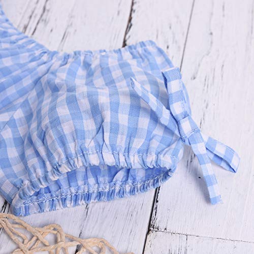 Toddler Baby Girls Outfits Blue Plaidl Off Shoulder Tube Sleeve Crop Tops +Ruffled Shorts Skirt Set Toddler Summer Clothes (Blue Plaid, 3-4 Years) - Thumbnail 7