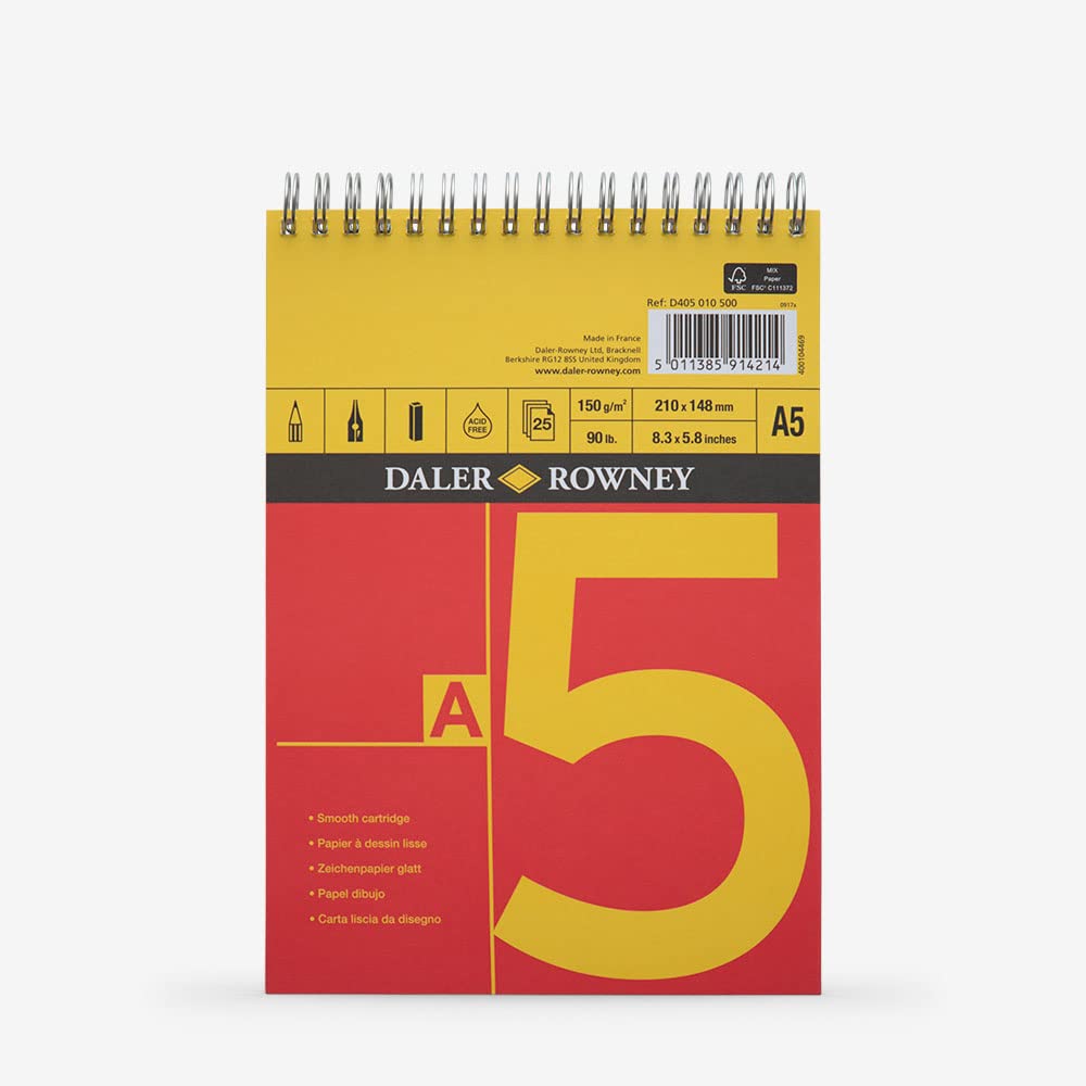 Daler-Rowney Red and Yellow, Drawing Paper, Smooth Surface, 150 gsm, 90lb, Spiral Pad, A5 - 5.8 x 8.3in - 14.8 x 21 cm, 25 Sheets